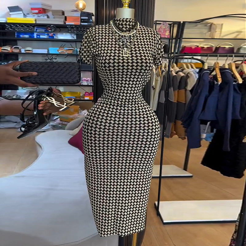 European and american cross-border women's fashion:  summer new arrivals - sexy backless houndstooth slim-fit bodycon short-sleeve dress