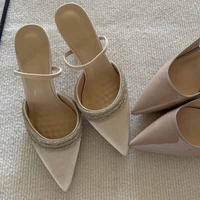 Yx2026new arrival rhinestone french high heels women's stiletto pointed toe shallow half drag one-word belt silks and satins toe cap sandals