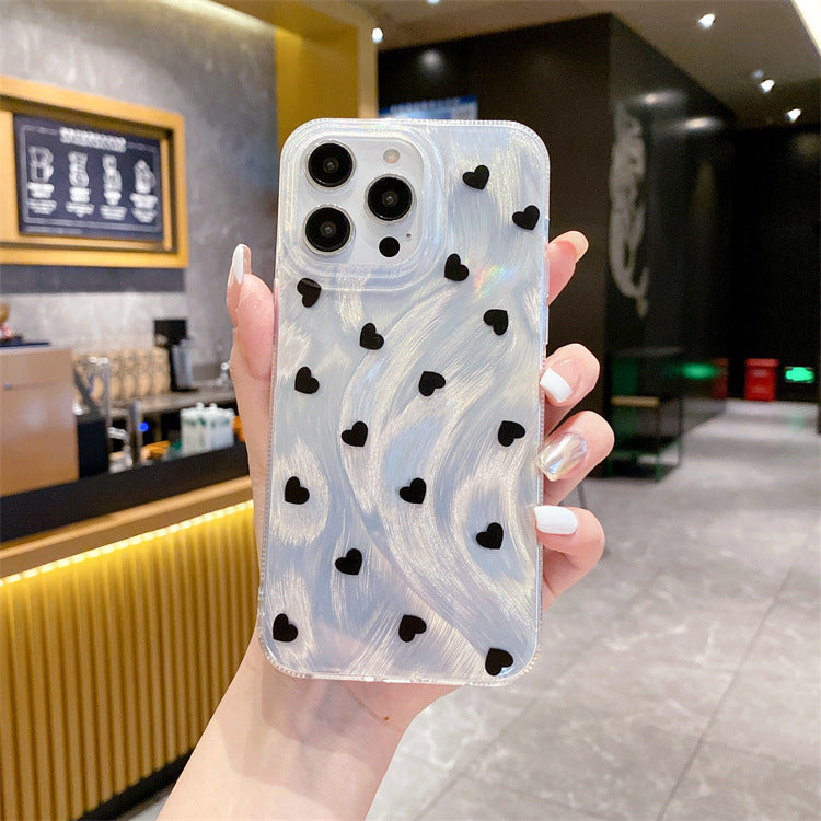 Feather yarn silver suitable for iphone16pro small heart protective case apple 12/14 pearl diamond chain hard protective case