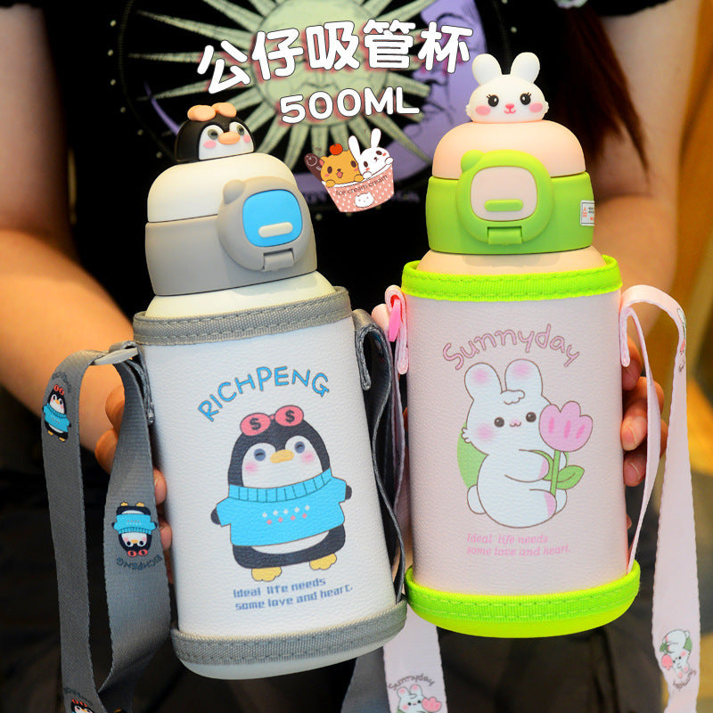 Cartoon 316 stainless steel insulated tumbler with straw, cup sleeve, portable single cup, double lid water bottle - wholesale gift option