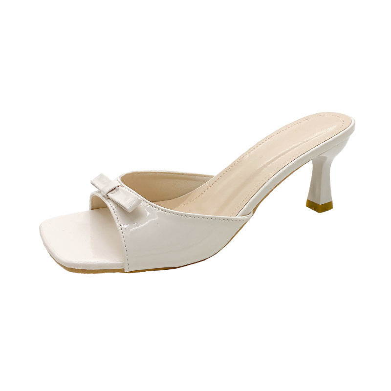 French high-heeled slippers for women, 2024 new summer collection, square toe stiletto thong sandals with bow detail, versatile and chic