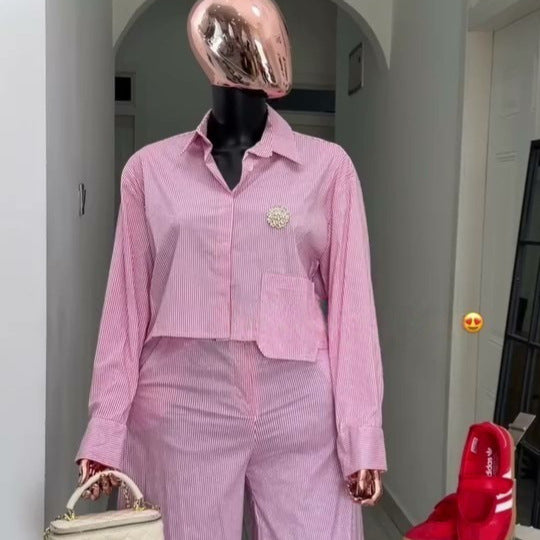 European and american cross-border women's fashion:  spring new collection - striped asymmetrical long sleeve shirt and wide leg pants set
