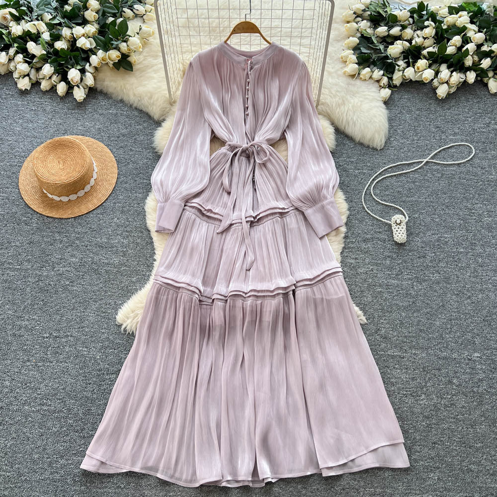 French high-end women's dress - autumn  collection: tie-waist, lantern sleeve, elegant, flowy, and floor-length maxi dress