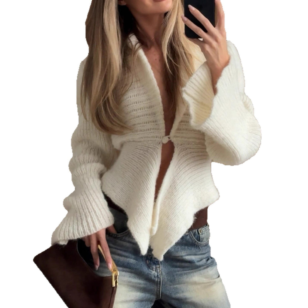 Cross-border Europe, America and the United States in the autumn of 2025 new light luxury solid color buckle irregular hem knitted cardigan jacket