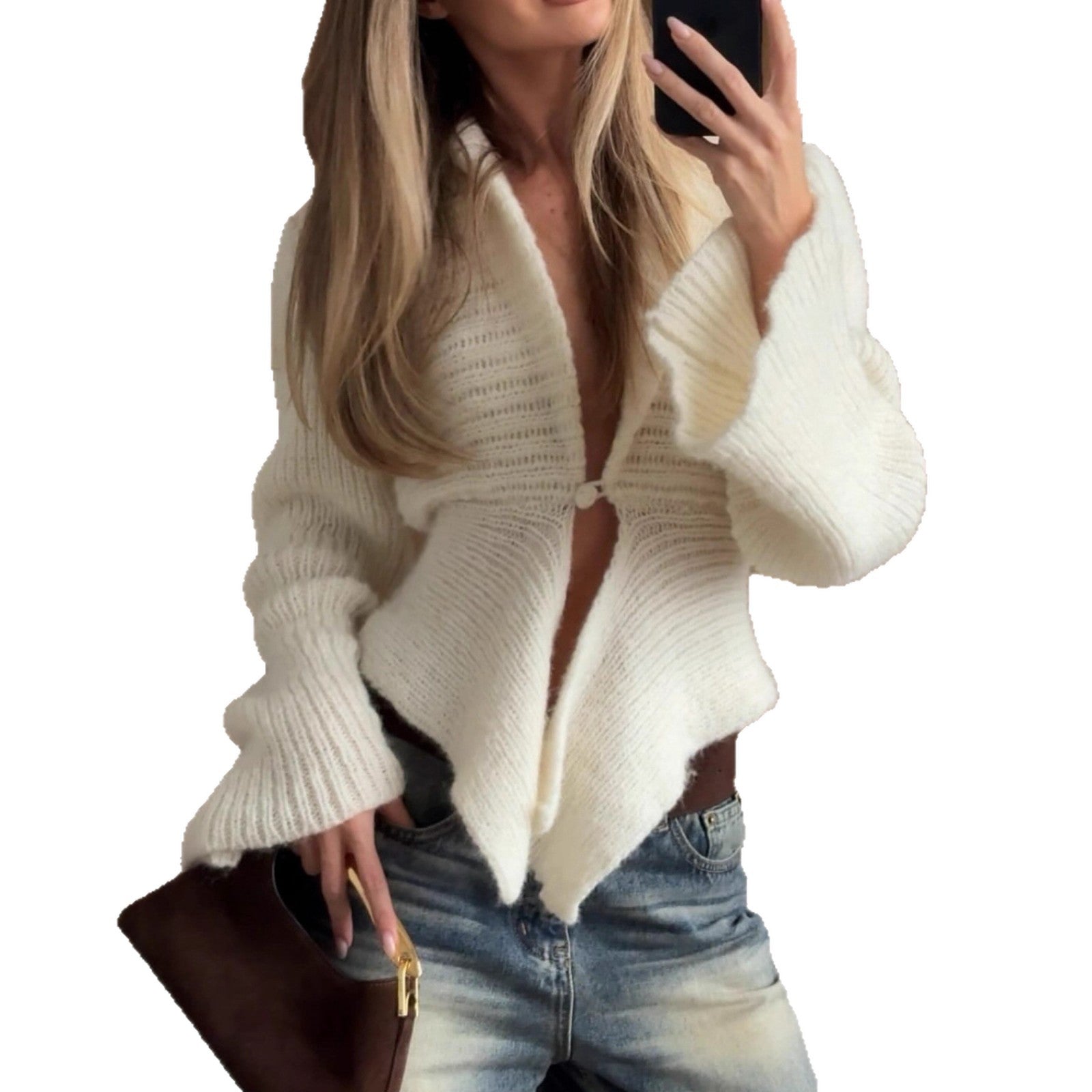 Cross-border Europe, America and the United States in the autumn of 2025 new light luxury solid color buckle irregular hem knitted cardigan jacket