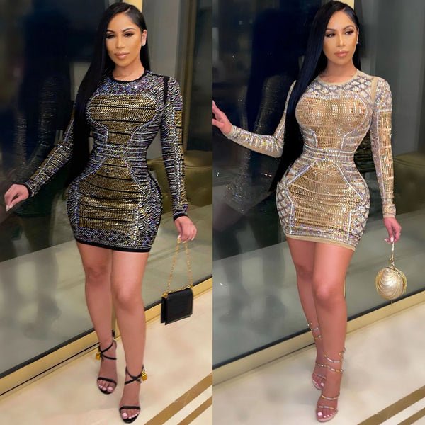 X5096   Fashion European and American New Products Sexy Nightclub Milk Silk Hot Diamond Long Sleeve Dress