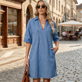Fashion cross-border foreign trade  new arrival lapel half length sleeves front double patch pocket work clothingeasiest for matchshirtdress for women