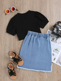 girls' new cotton ribbed top with washed denim distressed asymmetrical skirt two-piece set for toddlers and young children