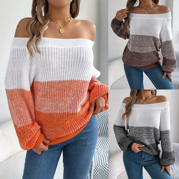 Real shot 2025 autumn and winter casual color matching off-the-shoulder lantern sleeve pullover sweater,   European and American women's clothing