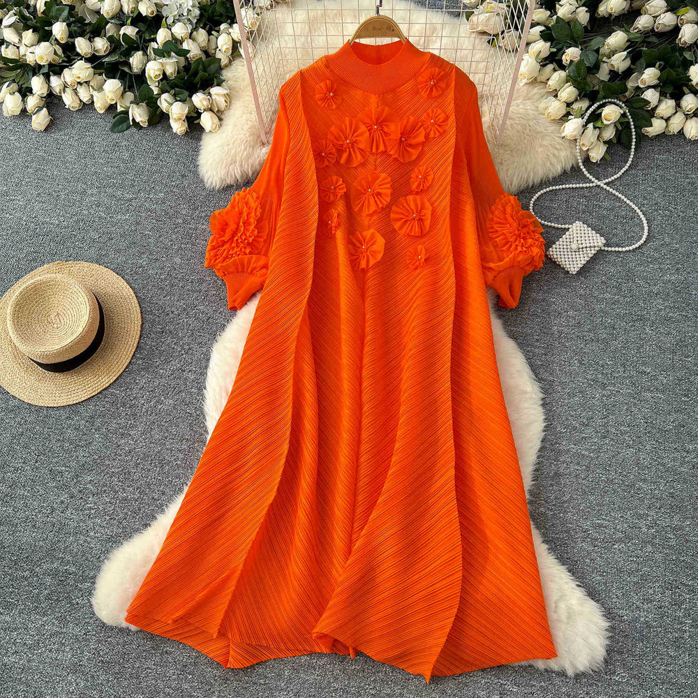 Miya pleated dress - spring  collection: high-end beaded, 3d floral, lantern sleeve, loose fit, pleated maxi dress