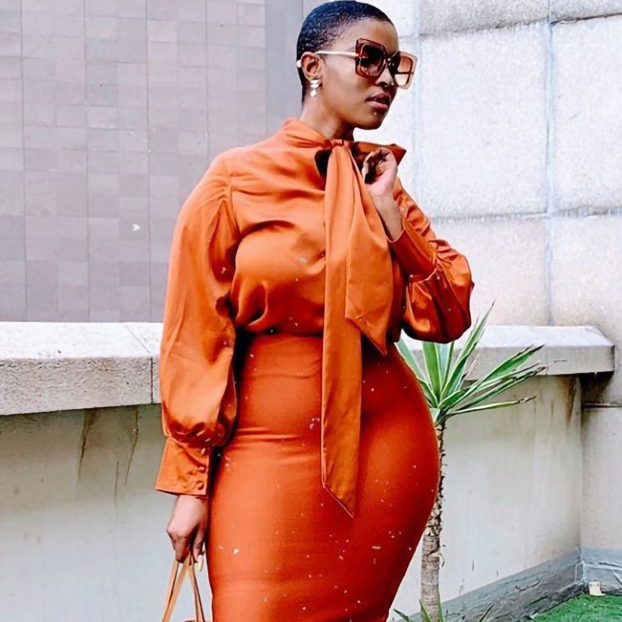 Ready-to-ship   us/eu  autumn new long sleeve solid color tie-up african top us/eu shirt