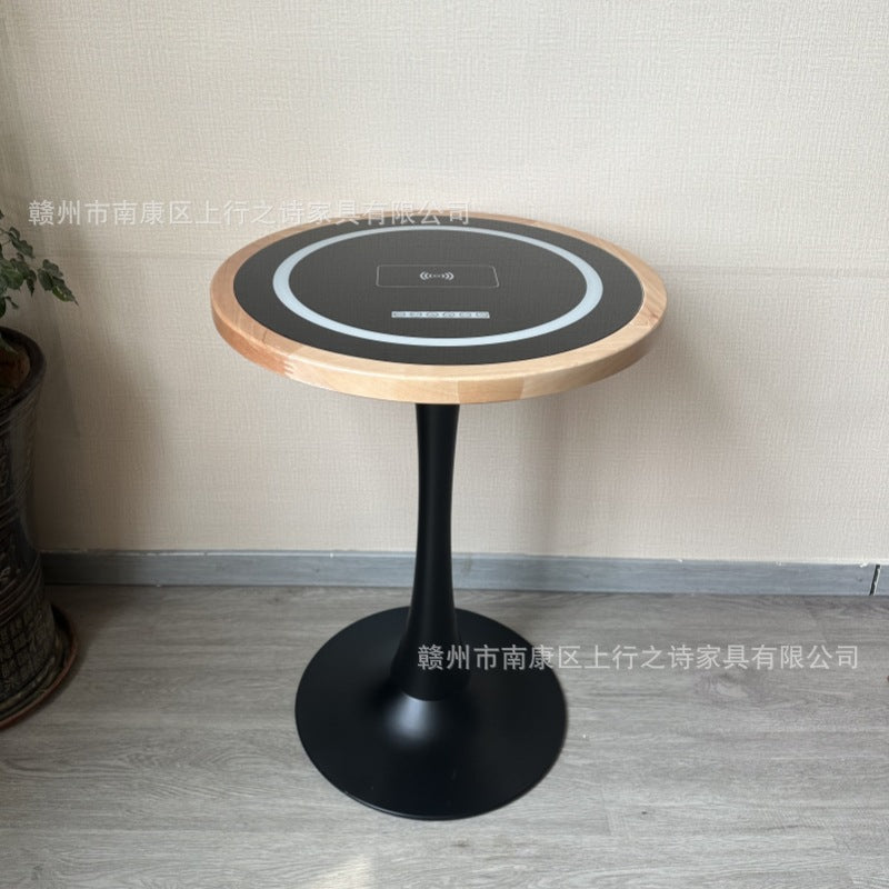 Hotel negotiation table retro dining table with wireless charging bluetooth audio all solid wood desktop small round table desk
