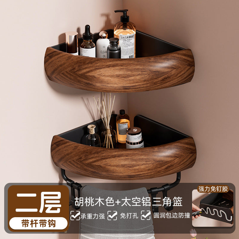Walnut wood chinese style bathroom corner shelf - no drilling required - hand wash, toilet, and shower gel organizer