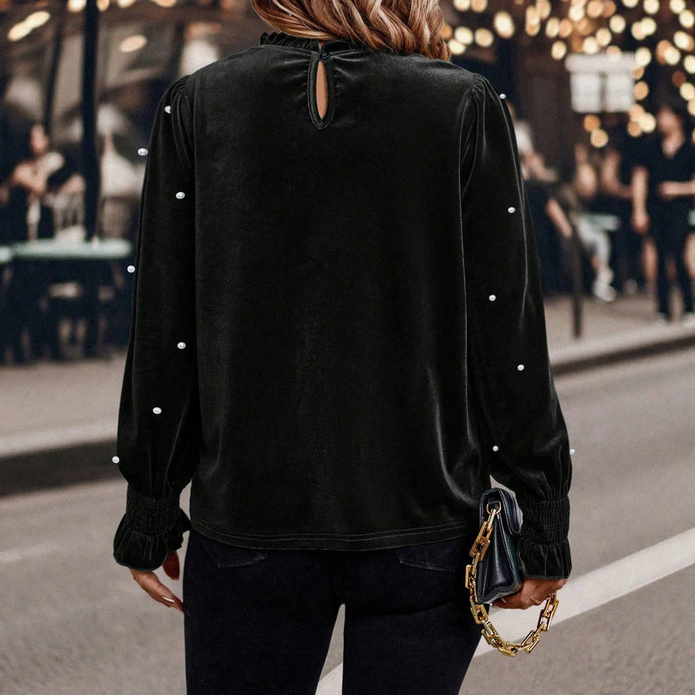 fashion cross-border plus size black velvet tops fungus collar pearl decoration puff sleeves long sleeves bottom