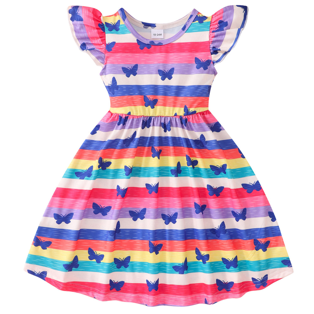Kids' flutter sleeve dinosaur tie-dye butterfly rainbow a-line dress