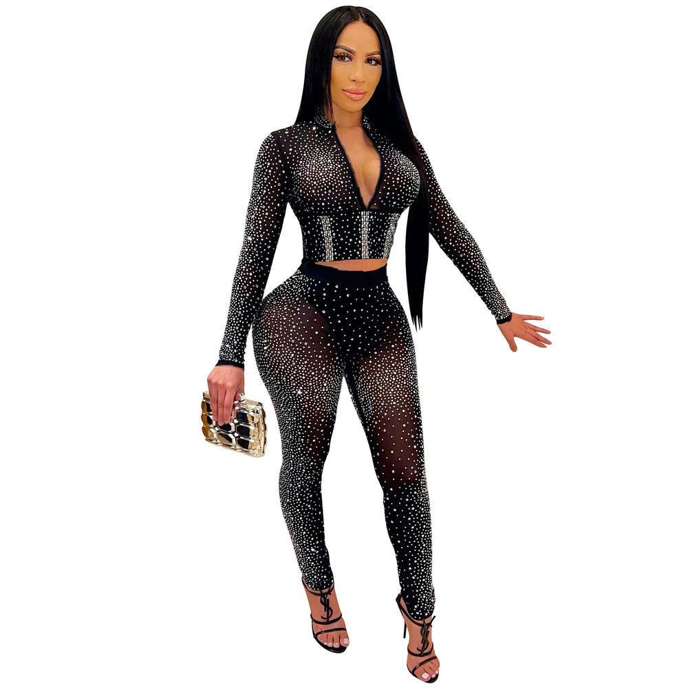 X5206   fashion european and american new nightclub hot diamond v necklong sleevespants women's two-piece set