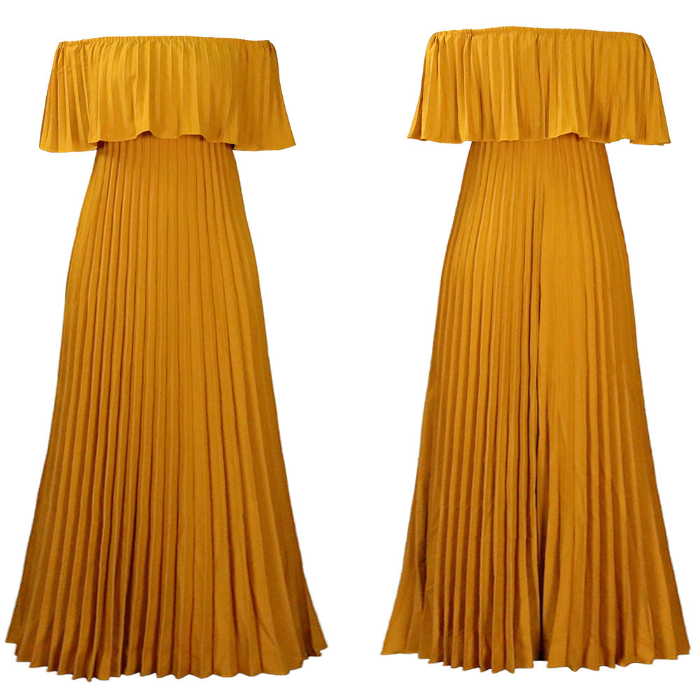 C8594  foreign trade women's new sexy off-the-shoulder pleated maxi dress - european and american style