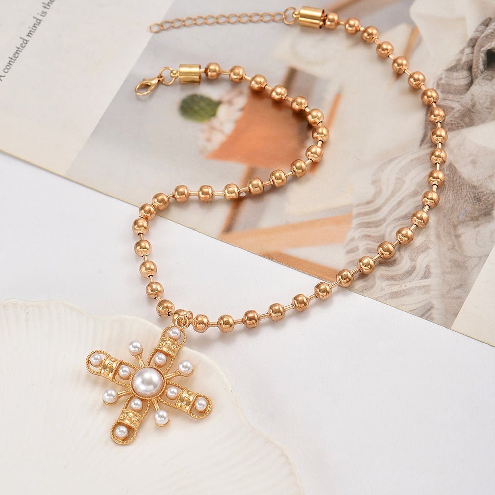 Imitation pearl cross necklace wholesale european and american cross-border pendant niche eight-pointed star retro beaded chain clavicle chain