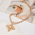 Imitation pearl cross necklace wholesale european and american cross-border pendant niche eight-pointed star retro beaded chain clavicle chain