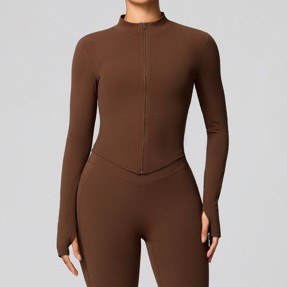 European and american style cross-border long-sleeve yoga top cardigan zipper quick-dry sports jacket stand collar slim fit outdoor fitness apparel