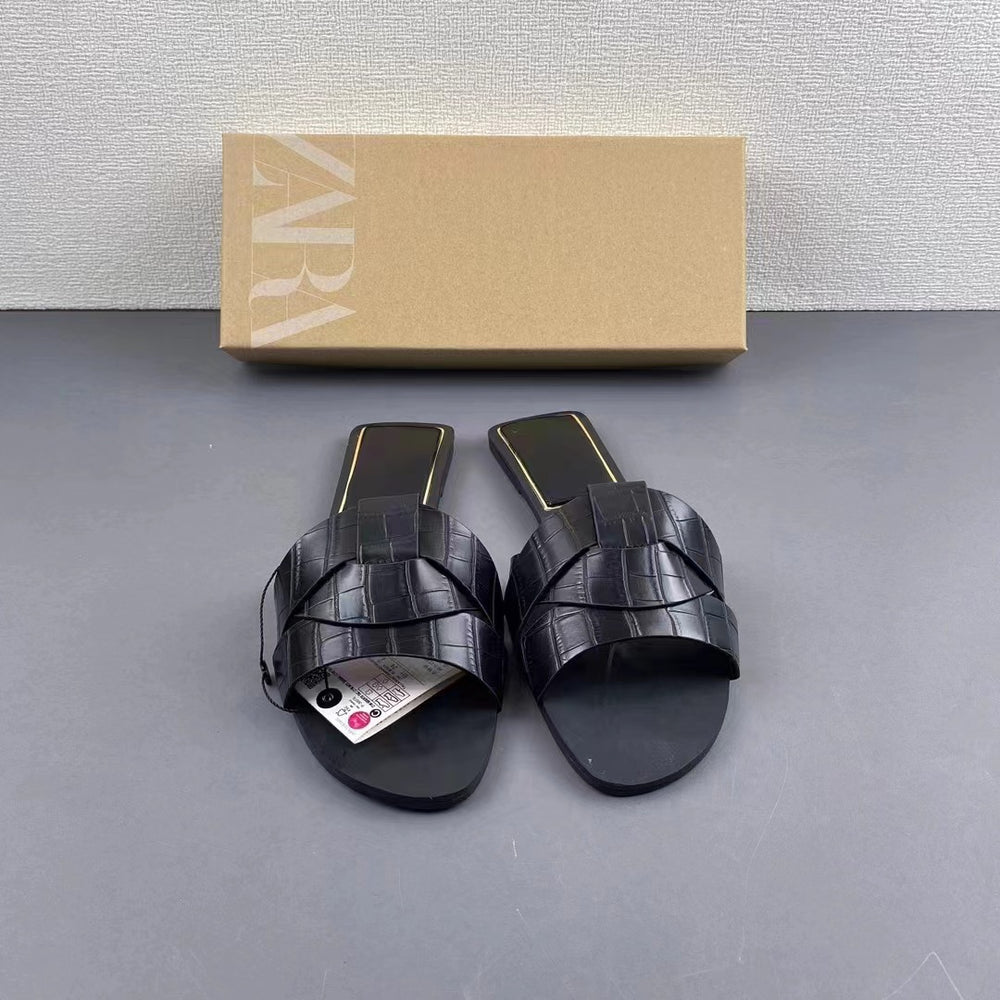 Za2024summernew arrival women's shoes flats cow leather sandals one strap sandals open toe back empty beach shoes outwear