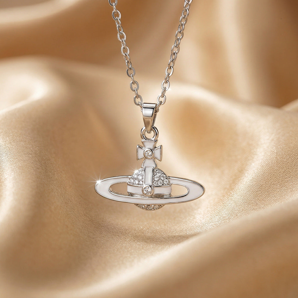 Fashionbest selling copper inlaid zirconium oil drop western queen mother saturn necklace women's accessible luxury niche styleeasiest for matchelegant collarbone chain jewelry