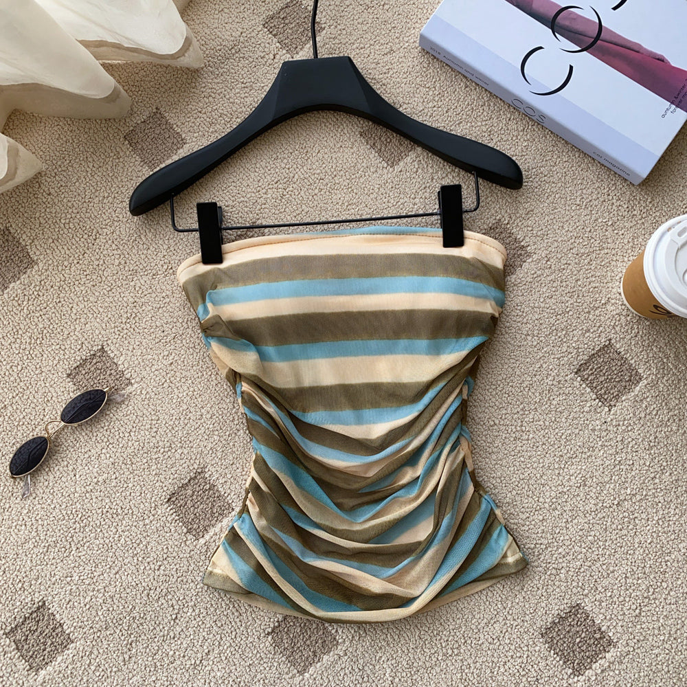 Sexystripeswork clothing style tube top women's summer pleated waist slim slimming lookshorttopshot girl style