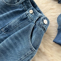 Women's casual fall outfit: loose-fit fashion two-piece set with color-blocked striped long-sleeve denim jacket and high-waisted wide-leg pants