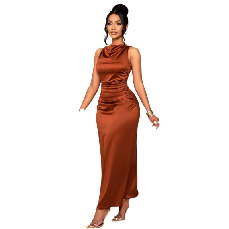 Shipped:  european and american cross-border women's summer new arrival - pleated satin sleeveless evening dress, party dress