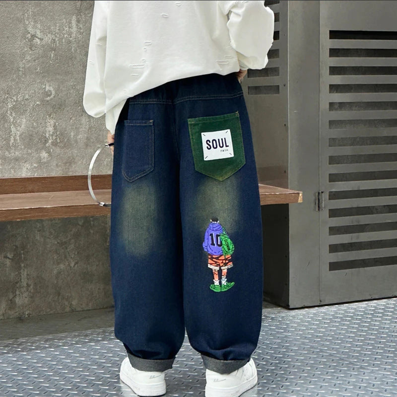 Kids' spring/autumn pants:  new boys' straight-leg jeans, autumn mid-to-large children's boys' trendy long pants