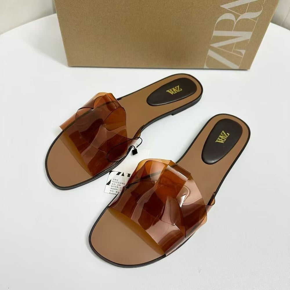 Za2025summernew arrival women's shoes one word fashionk-style transparent jelly sandals flats women's square toe sandals