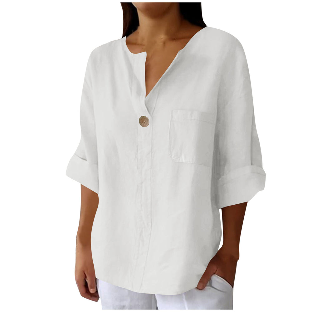 cross-border fashion summer new loose t-shirt women's v neck cotton and linen button tops