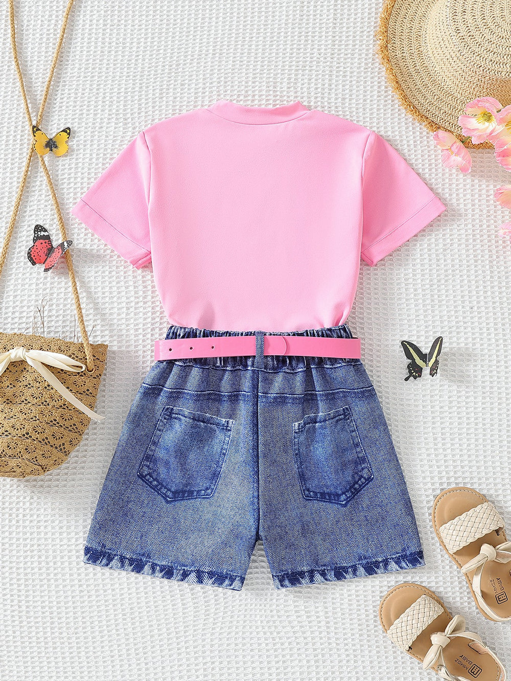 new cross-border girls' fashion set: european & american style butterfly print top + faux denim print pants