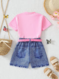 new cross-border girls' fashion set: european & american style butterfly print top + faux denim print pants