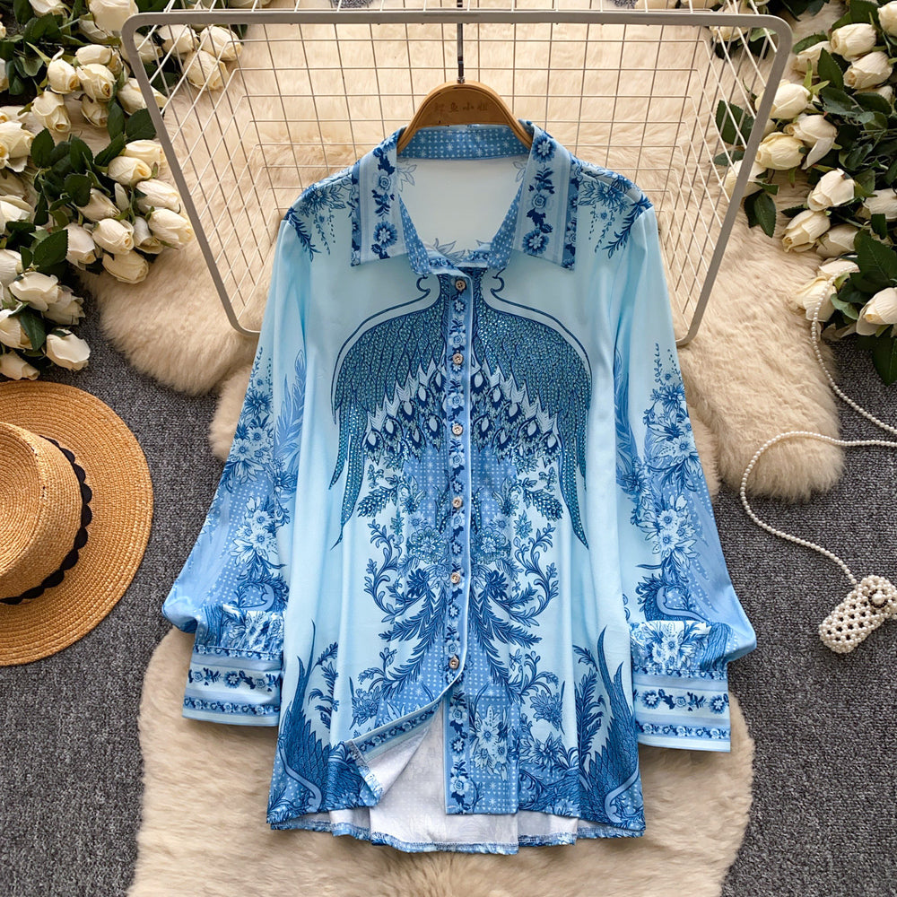 K-stylework clothing styleretroprintinglong sleevesshirt women's springloosecardigan lapel single-breasted fashiontops