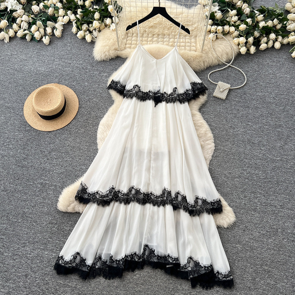 Vacation style lacepatchwork suspender dress female summerk-stylev neckasymmetrical fairy elegant long skirt slimming look