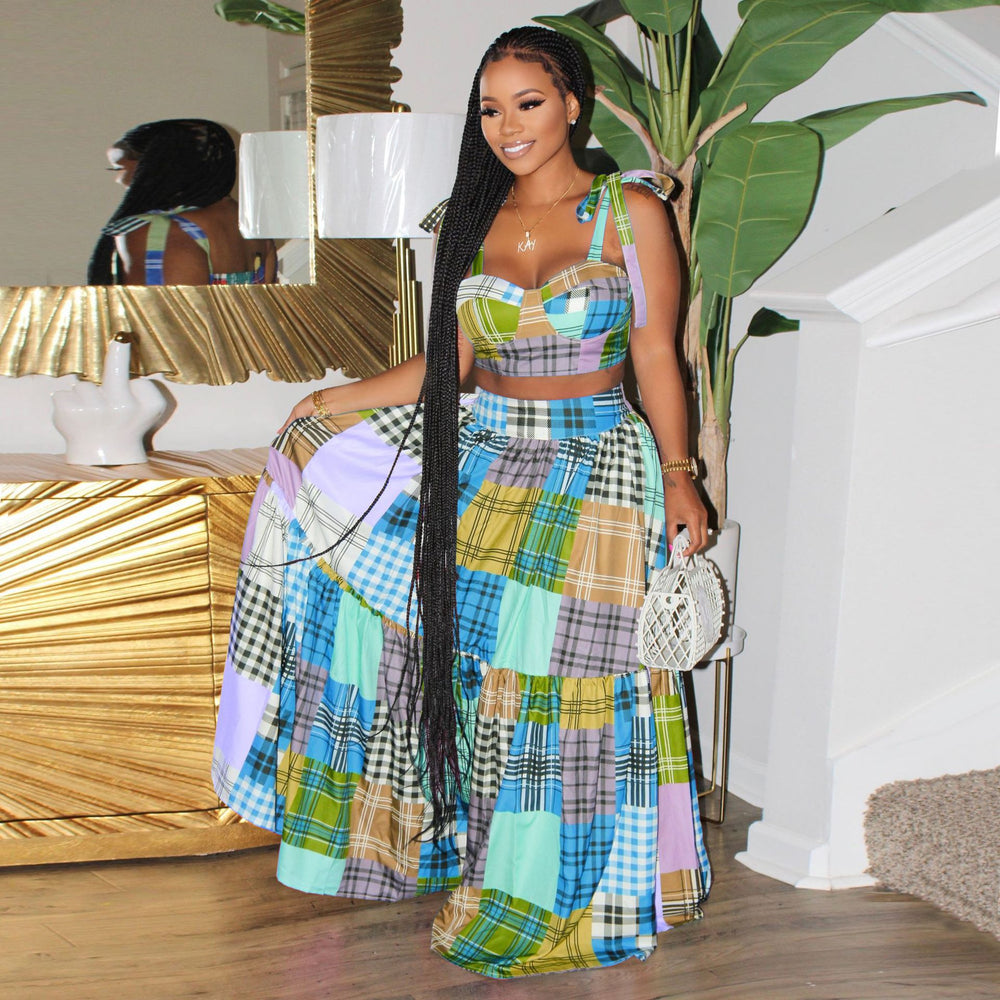 Amazon   summer new women's fashion plaid print tie-waist maxi skirt two-piece set