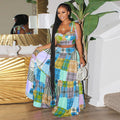 Amazon   summer new women's fashion plaid print tie-waist maxi skirt two-piece set