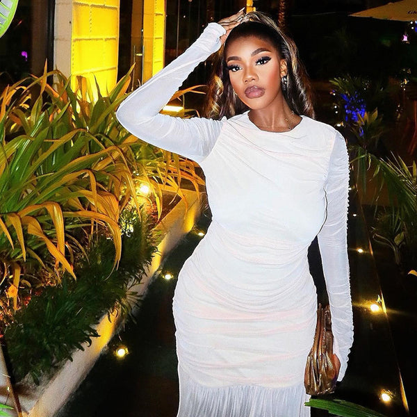 European and American style ins  women's solid color dress round neck long sleeve mesh stitching temperament casual skirt dress