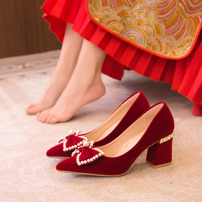 Chinese xiuhe wedding shoes for women 2024 new arrival wedding dress shoes pearl heel bows not tired feet red engagement