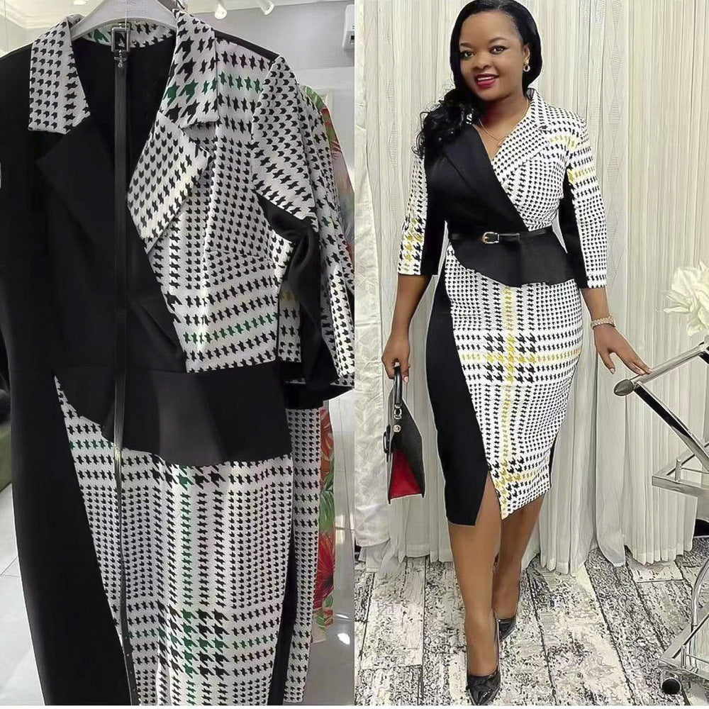 african plus size women's clothing:  &  - elegant v-neck color block houndstooth bodycon dress