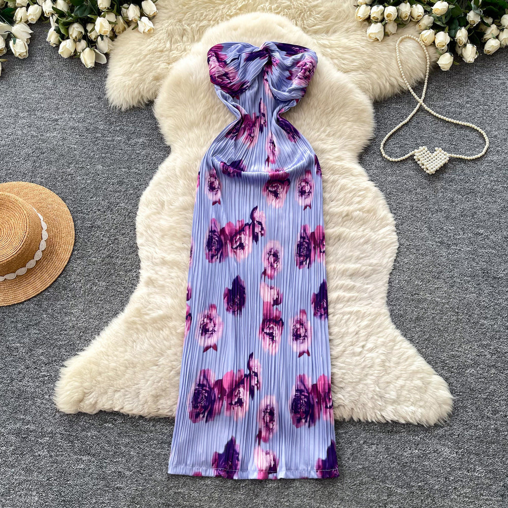 French riviera style purple floral print bandeau dress - women's summer sleeveless high-waisted a-line dress - sexy & chic outfit