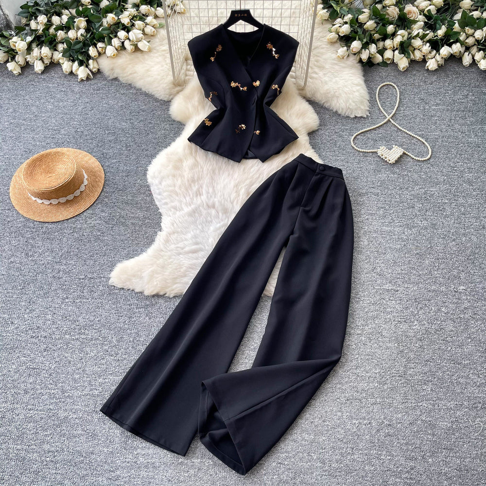 Light mature style vest high waist casualloose pants two-piece set women's summerclassy sense silmslimming look skirt suit
