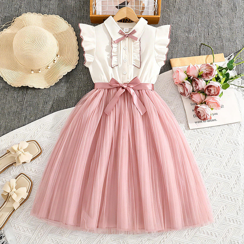Girls' dress - cross-border children's wear -  summer new style - chic flutter sleeve color block mesh kids' princess dress - wholesale
