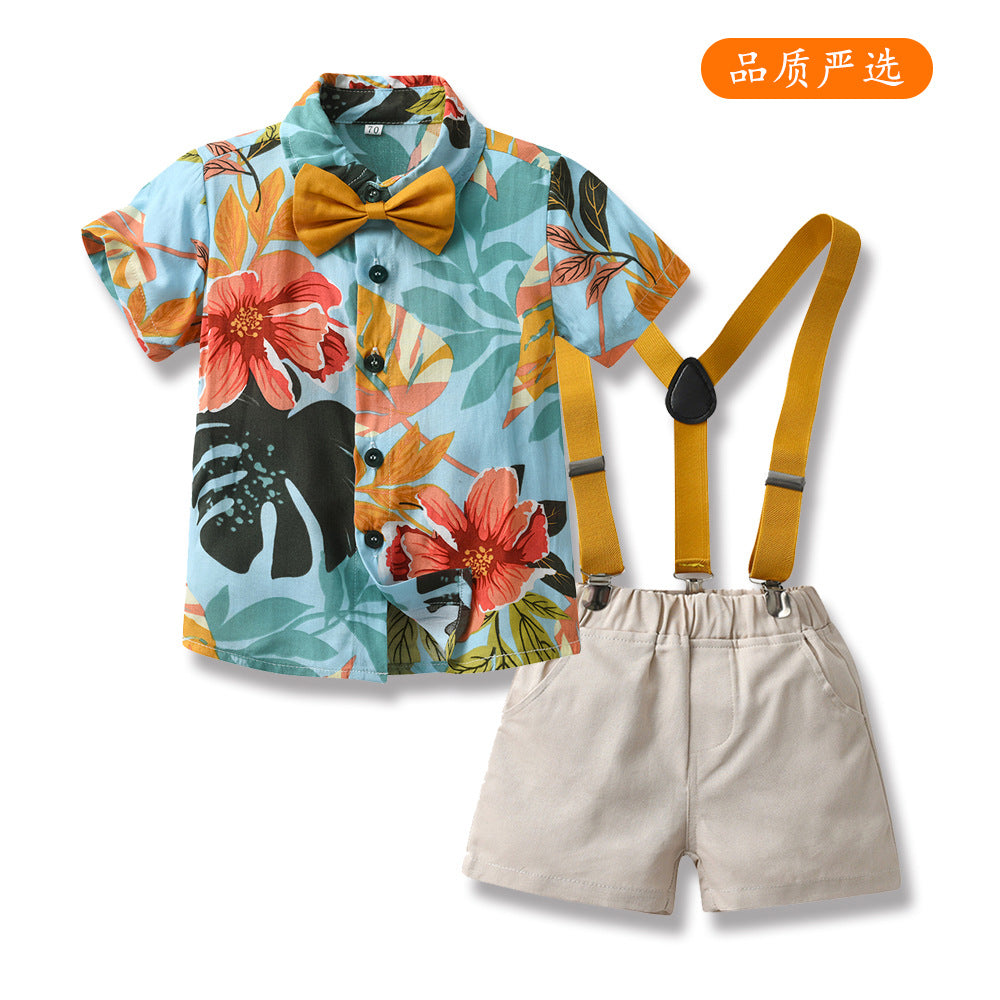 Boys' summer outfit set: new stylish korean style printed short-sleeve shirt two-piece set for kids and babies - trendy and handsome