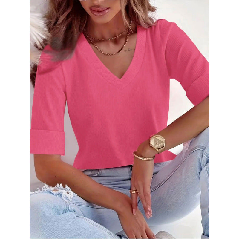 Real shot export 1688 shein  hot selling casual solid color v-neck rolled sleeve t-shirt