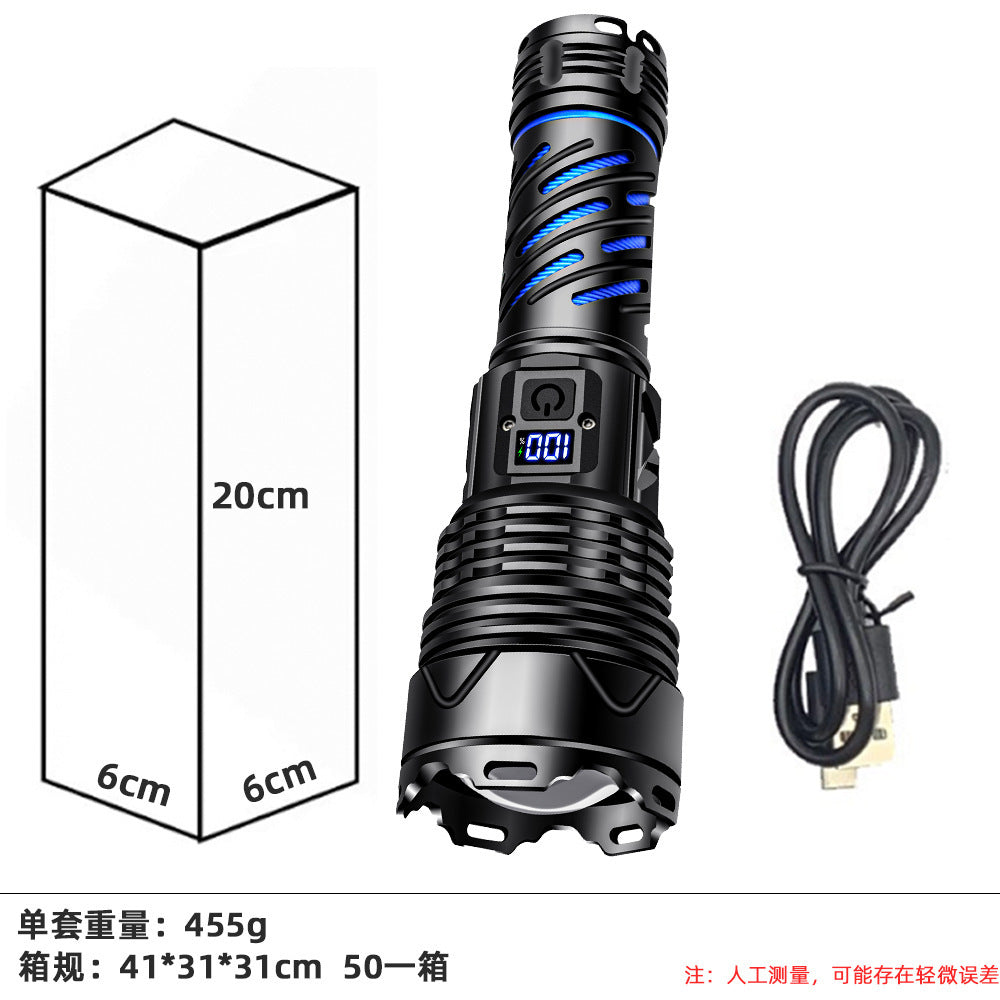 Cross-border new upgraded digital display strong light flashlight, charging super bright double open outdoor special telescopic flashlight