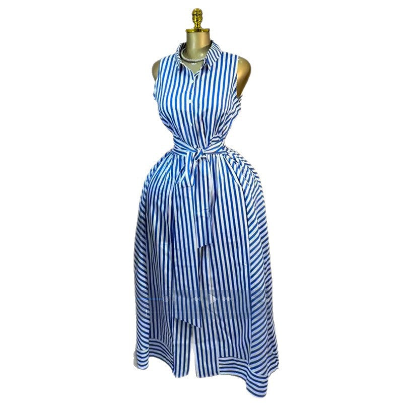 European and american women's clothing  autumn new sweet and fresh striped turn-down collar sleeveless high-waisted slimming shirt dress maxi dress
