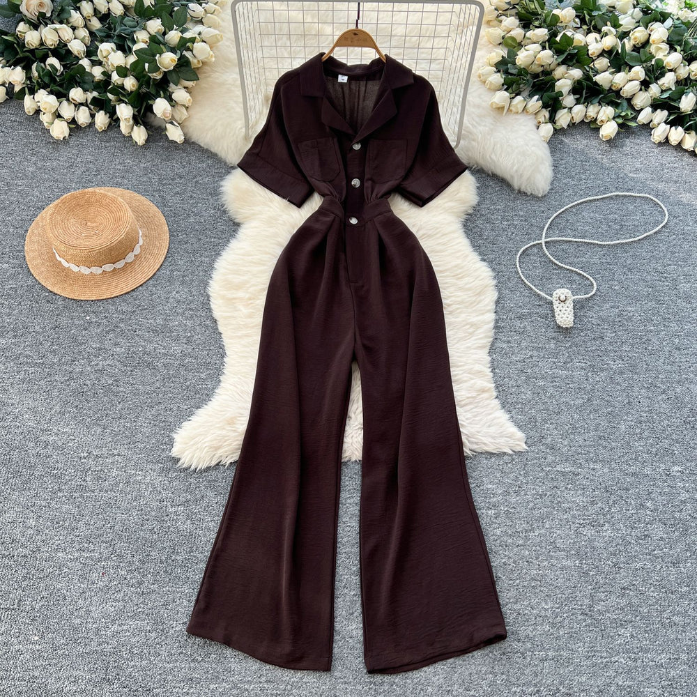 Summer women's new jumpsuit chic niche lightly mature style suit collar single breasted short sleeve high waistcasual jumpsuit