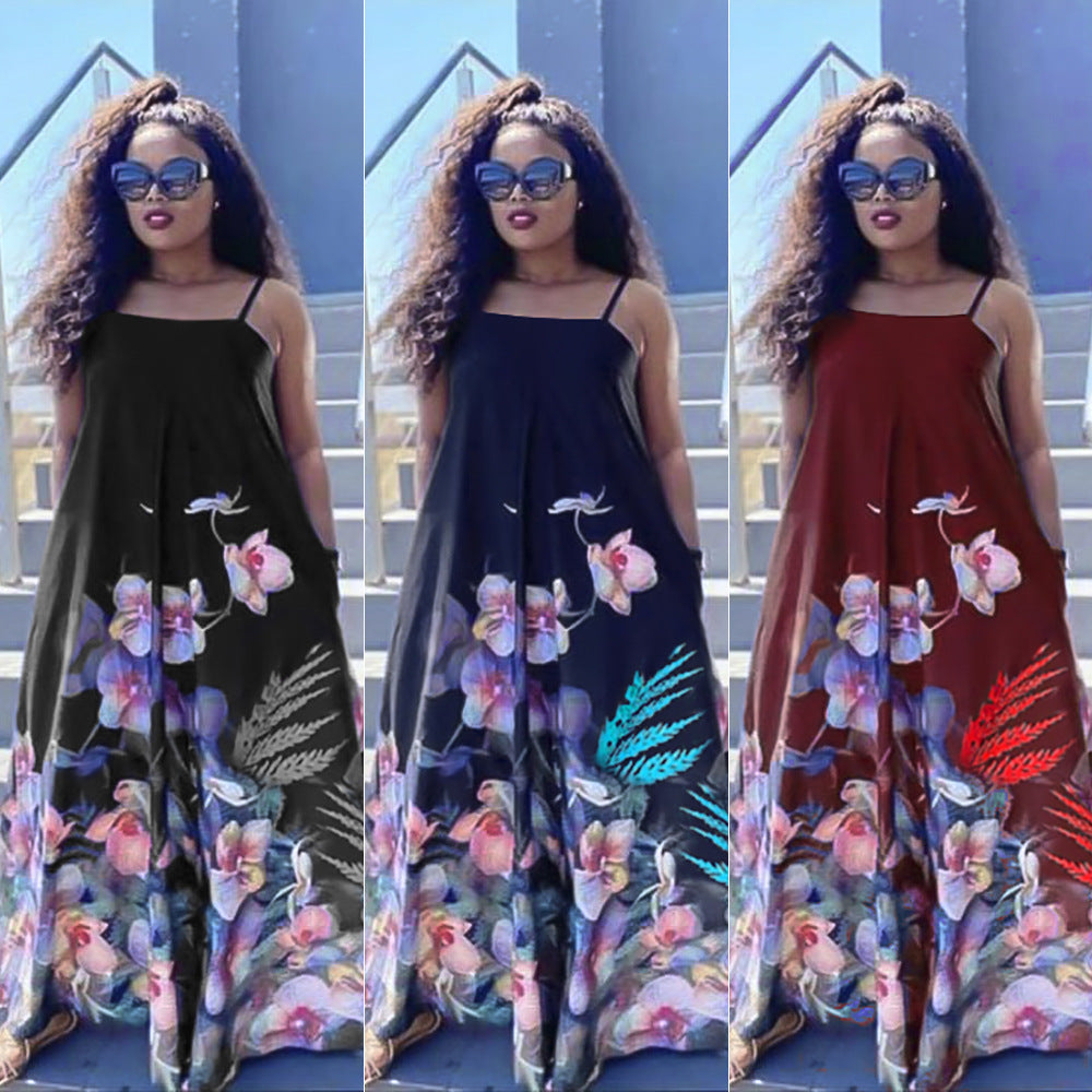 European and american cross-border e-commerce   sleeveless printed dress african plus size women's camisole maxi dress